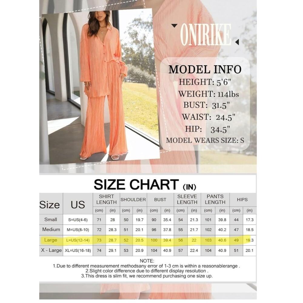 ONIRIKE 2 Pc Sweatsuit Womens SZ LRG Pleated Long Sleeve Button Up Palazzo Pants - Picture 5 of 8